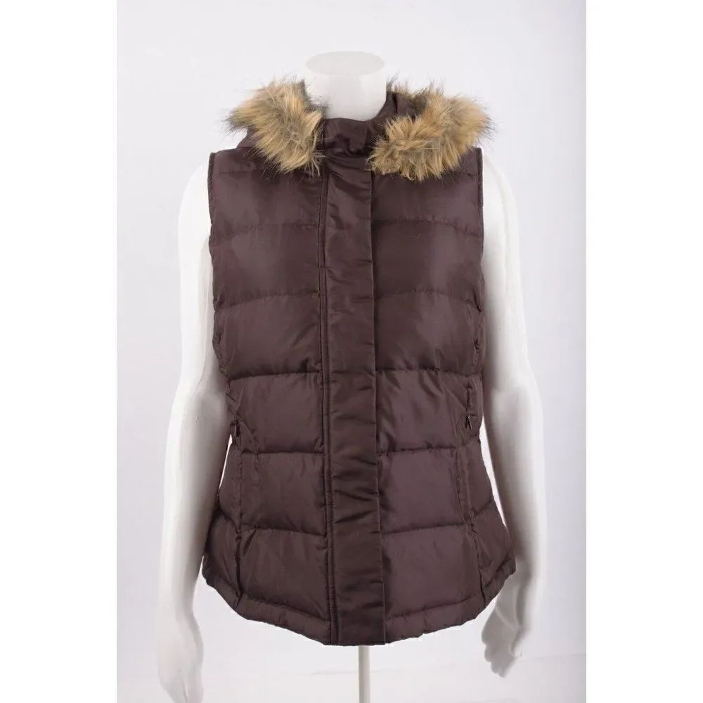 Talbots
Womans Goose Down Vest Jacket Coat Size Petite M PM Brown Faux Fur Trim